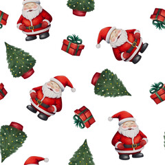 Seamless Christmas Pattern featuring Santa, gifts, Christmas tree, festive stockings, snowflakes, and wintery snow. Capturing the joyful holiday spirit and New Year's magic in every detail