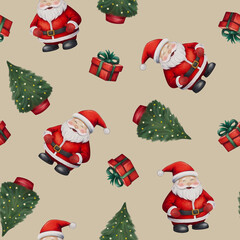 Seamless Christmas Pattern featuring Santa, gifts, Christmas tree, festive stockings, snowflakes, and wintery snow. Capturing the joyful holiday spirit and New Year's magic in every detail