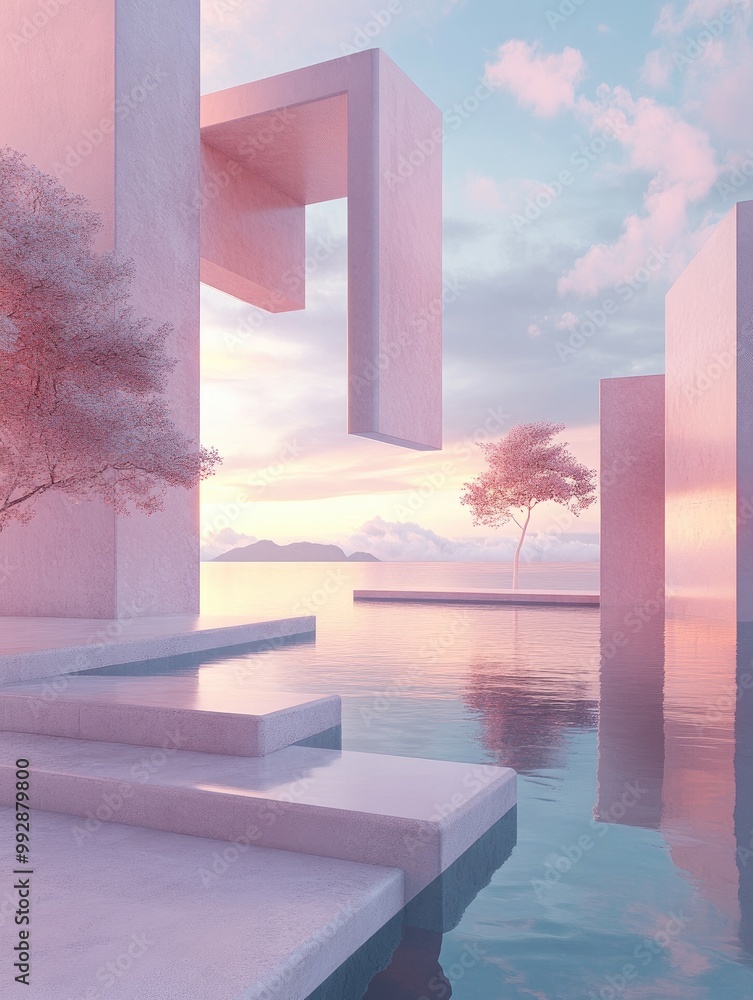 Poster surreal 3d render featuring an abstract pastel landscape with architectural elements geometric shape