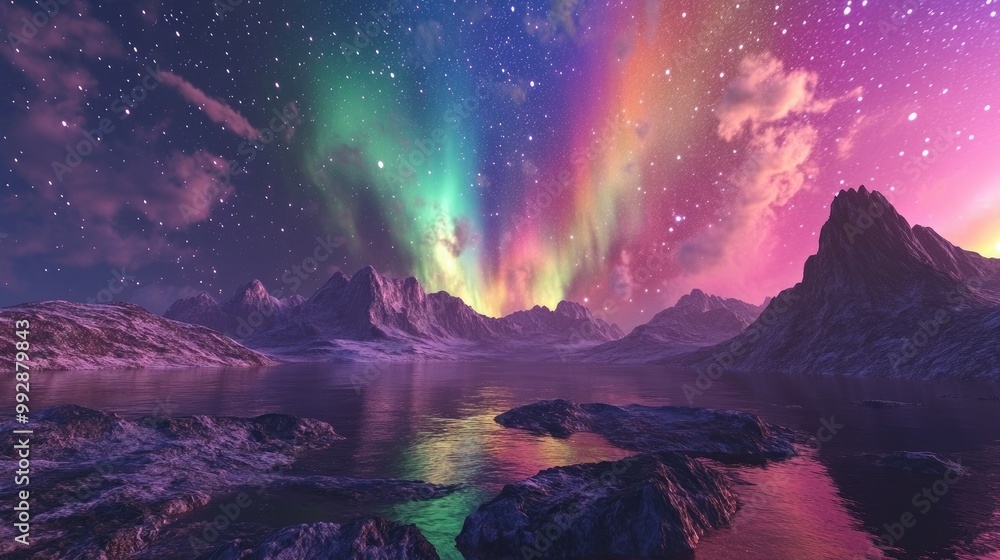 Poster 3d rendering of an abstract panoramic backdrop featuring a vibrant aurora borealis above rugged terr