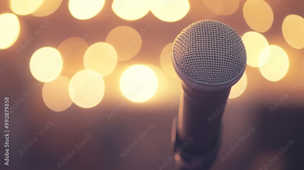 Sticker A close-up of a microphone against a blurred, warm bokeh background.