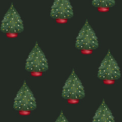 Seamless Christmas Pattern featuring Santa, gifts, Christmas tree, festive stockings, snowflakes, and wintery snow. Capturing the joyful holiday spirit and New Year's magic in every detail