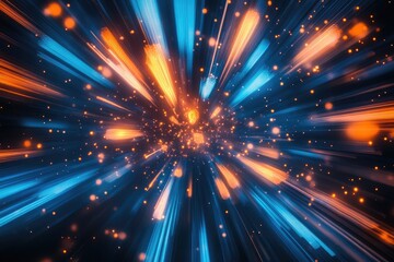 Obraz premium Bright radial light beams create an abstract background featuring blue and orange neon colors A stunning light burst evokes a cosmic atmosphere for various occasions