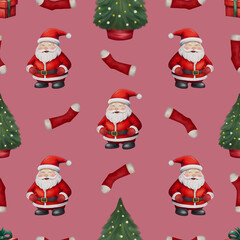 Seamless Christmas Pattern featuring Santa, gifts, Christmas tree, festive stockings, snowflakes, and wintery snow. Capturing the joyful holiday spirit and New Year's magic in every detail