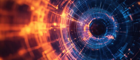 Obraz premium Fantasy abstract circle with overlapping sheets in the background featuring digital radiation layers and line elements creating a technological 2D cartoon illustration