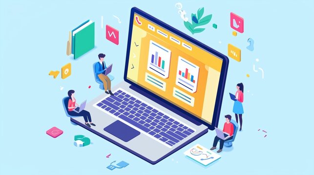 Students e-learning by webinar training and listening to businessman with charts on laptop. Webinar, online video training, tutorial podcast concept. Isometric 3D website app landing web page template