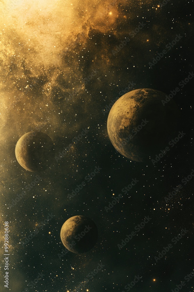 Poster abstract depiction of unknown planets in the vastness of deep space