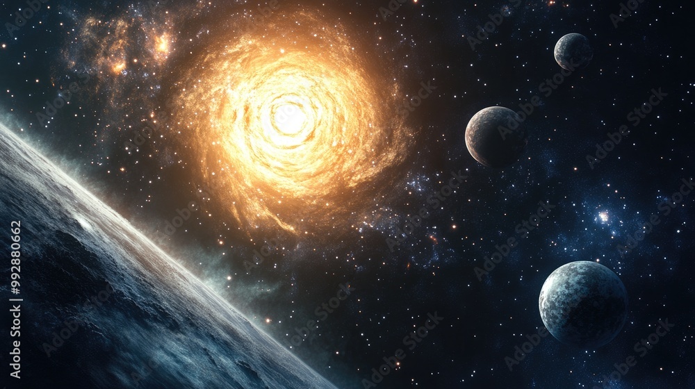 Poster celestial bodies and galaxies set against a backdrop of open space created through 3d rendering tech