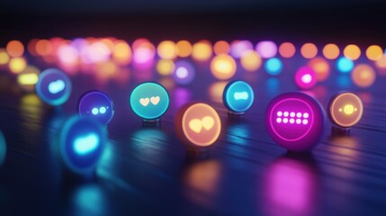 Colorful glowing icons scattered on a surface, representing digital communication and emotions.