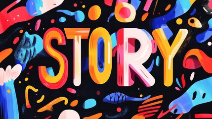 Fototapeta premium Colorful retro shapes and vibrant hues create an illustrated concept of the word STORY