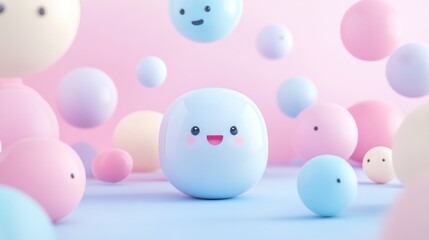 A cheerful scene featuring colorful, smiling spherical characters in a pastel background.