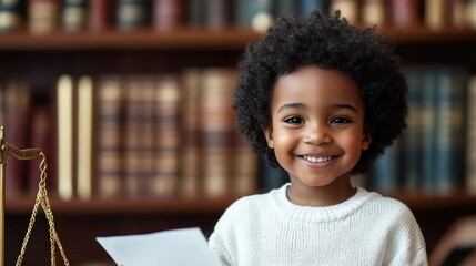 Fototapeta premium Cute dark skinned child smiling and holding court paper on table scales