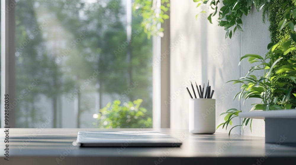 Poster a serene workspace featuring greenery and a minimalistic desk setup.