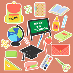 School stationery  stickers set  in flat stile Vector illustration. Back to shool