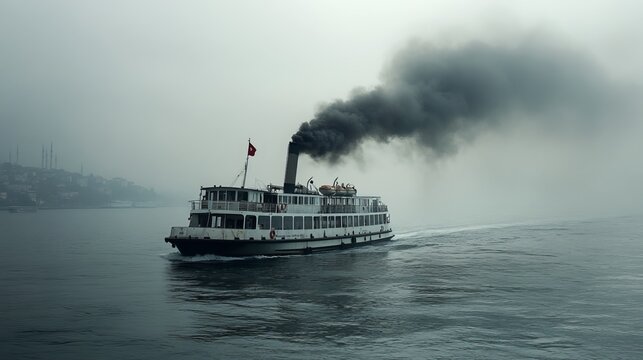 A ferry in the Istanbul Bosphorus emits a concerning amount of black smoke as it cruises along the waterway, raising questions about its environmental impact