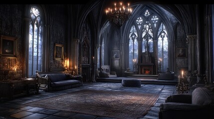 Fototapeta premium A dimly lit gothic room with ornate furniture, candles, and a fireplace creating a mysterious ambiance.