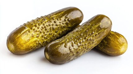 Three whole green dill pickles on white background.