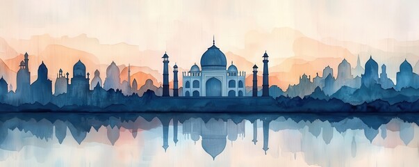 Taj Mahal, foggy dawn, muted colors, tranquil landscape, watercolor style