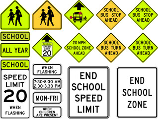 School Zone and School Bus Warning Signs Collection Featuring Speed Limits, Time of Day, and Children Present Warnings. Road signs in the United States.