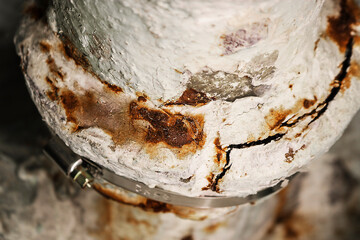 An old rusty pipe temporarily tightened with a clamp. Replacement of sewer pipes, repair of...
