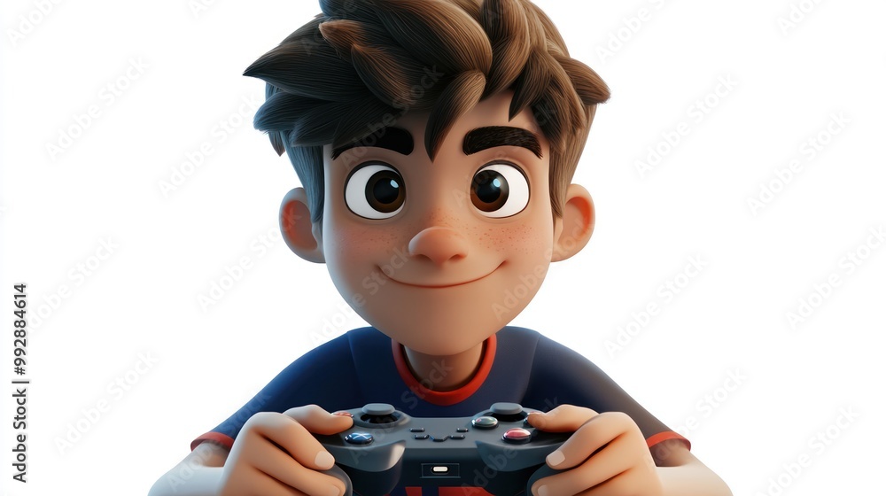 Canvas Prints A cheerful animated boy holding a game controller, ready to play video games.