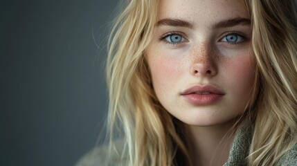 Fototapeta premium Close up portrait of a young Scandinavian woman with blonde hair and light blue eyes wearing a jacket and gazing at the camera against a grey background