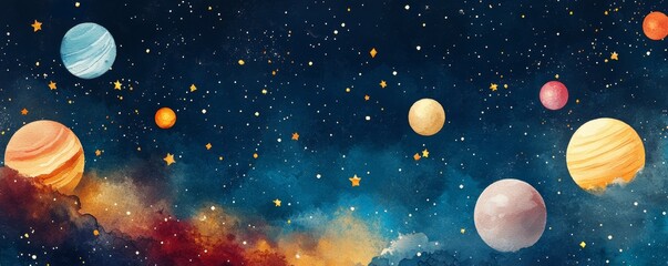 Cosmic Watercolor Pattern with Planets, Stars, and Meteors on Dark Night Sky - Featuring Pluto, Uranus, Venus