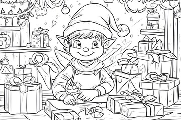 Coloring Page: Little elf wrapping gifts, surrounded by colorful ribbons and paper