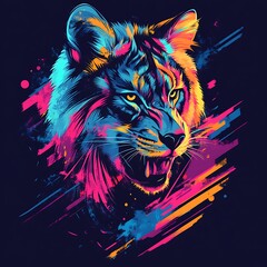 A vibrant, colorful, and abstract illustration of a roaring tiger with a neon color palette.