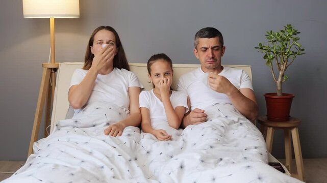 Unwell father mother and daughter lying tired in bed blowing nose with tissue sneezing feeling cold exhausted family together catching cold in cozy bedroom