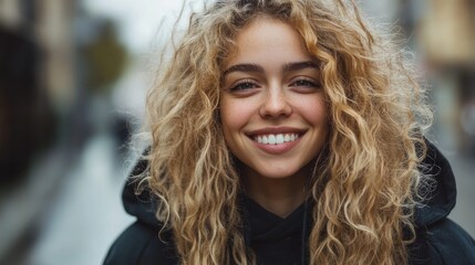 Obraz premium Stylish young adult woman with curly blonde hair smiling at the camera in a hoodie close up street style portrait