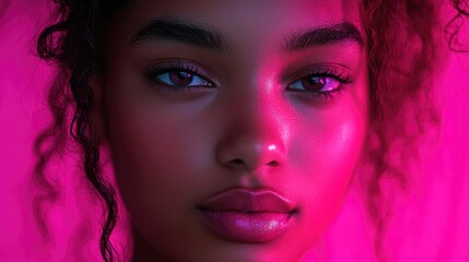 Fototapeta premium Close up portrait of a young woman illuminated by vibrant pink lighting emphasizing beauty