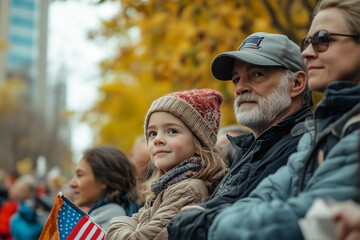 Fototapeta premium A cute child stands next to her grandfather at a peace rally in the USA. Autumn demonstration regarding presidential elections.