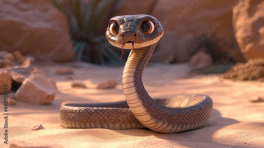 Poster a realistic 3d rendering of a snake in a desert environment, showcasing its features.