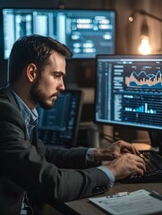 A dedicated actuary meticulously examines data visualizations in a sleek workspace filled with analytical reports and statistical frameworks, showcasing expertise and accuracy.