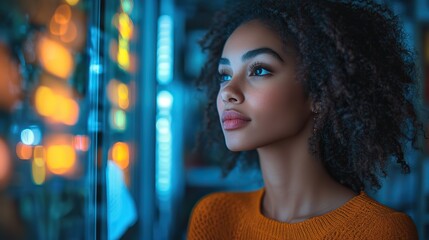 A nighttime office scene of a female brainstorming ideas, representing the modern work environment with a focus on innovation.