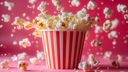 Popcorn leaps from red white striped container, playful movie night cinema background. Generative AI