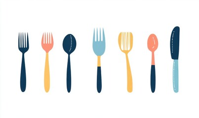 A collection of colorful utensils, including forks, spoons, and knives, arranged neatly on a white background.