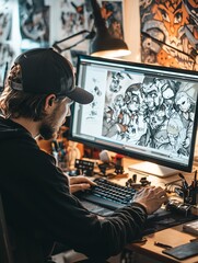 A dedicated animator passionately crafts vibrant characters at their workstation, immersed in sketches and digital tools.