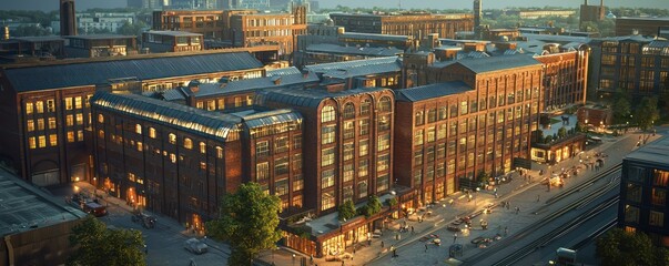 Fototapeta premium Detailed image of a massive urban renewal project, showcasing the transformation of old warehouses into luxury apartments and retail spaces
