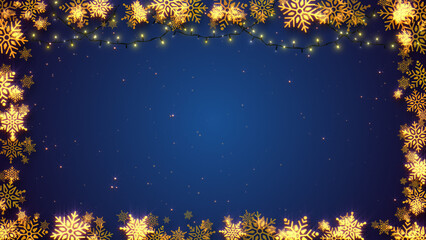Fototapeta premium Christmas frame with gold snowflakes lights and snow particles in blue background - Digital Illustration