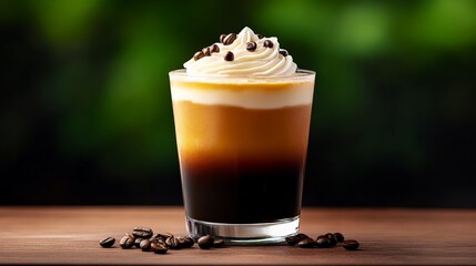 Layered Delight: Indulge your senses with this stunning close-up of a coffee beverage, featuring a rich espresso base, creamy layers.