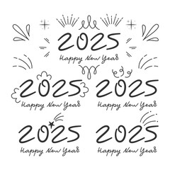 2025 Doodle Lettering. Happy New Year Decorative Elements. Handwritten Festive Phrase.