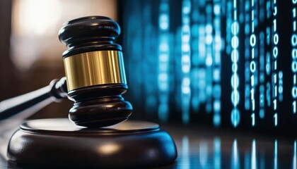 A gavel placed on a table, symbolizing justice in the digital age with a backdrop of binary code.