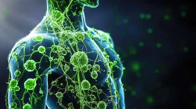 Illustration of the human lymphatic system, showing lymph nodes and vessels, focusing on the immune system's anatomy