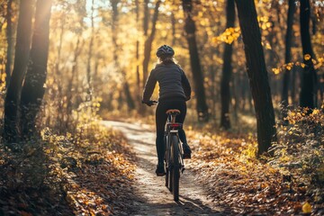 Fototapeta premium A person leisurely rides through a forest path, surrounded by autumn leaves