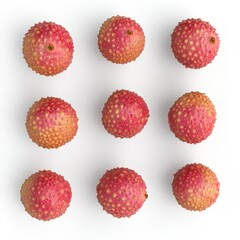 A top-down view of nine lychee fruits arranged in a grid pattern.