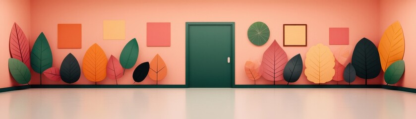 A vibrant interior scene featuring colorful leaves and geometric shapes on a bright wall, creating a lively atmosphere.
