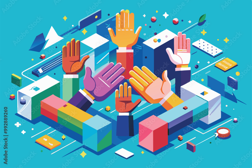 Poster hands in various colors engage in playful high fives amidst vibrant geometric objects and patterns, 
