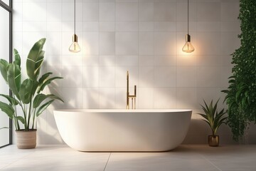 Fototapeta premium Elegant bathroom with a freestanding bathtub and gold fixtures